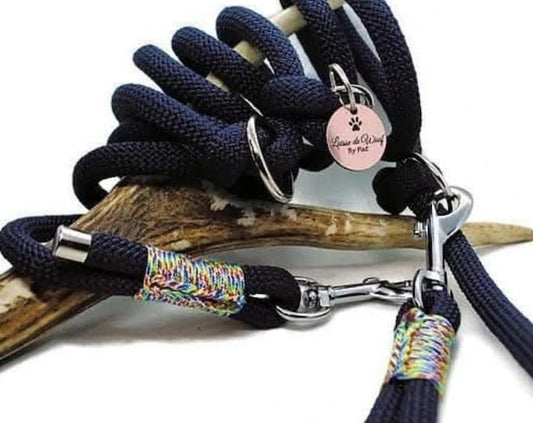 Laisse de wouf | Laisse 3 points Shark Bleu marine / Arc-en-ciel en paracorde 10mm