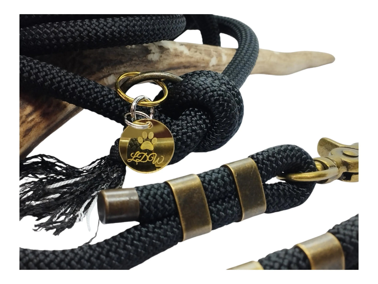 Laisse de wouf | Laisse 3 points Collection Noire Laiton Antique | 10mm