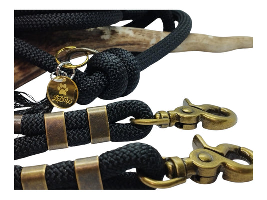 Laisse de wouf | Laisse 3 points Collection Noire Laiton Antique | 10mm