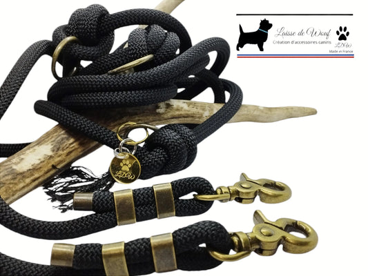 Laisse de wouf | Laisse 3 points Collection Noire Laiton Antique | 10mm