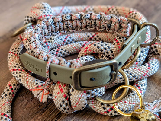 Verstellbares Hundehalsband | Woof-Leine | Beige-kariert, 2 cm breit
